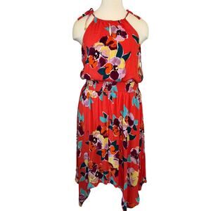 Maurices Tropical Floral Midi Dress Sz 2X Coral Halter Smocked Rayon Boho Casual